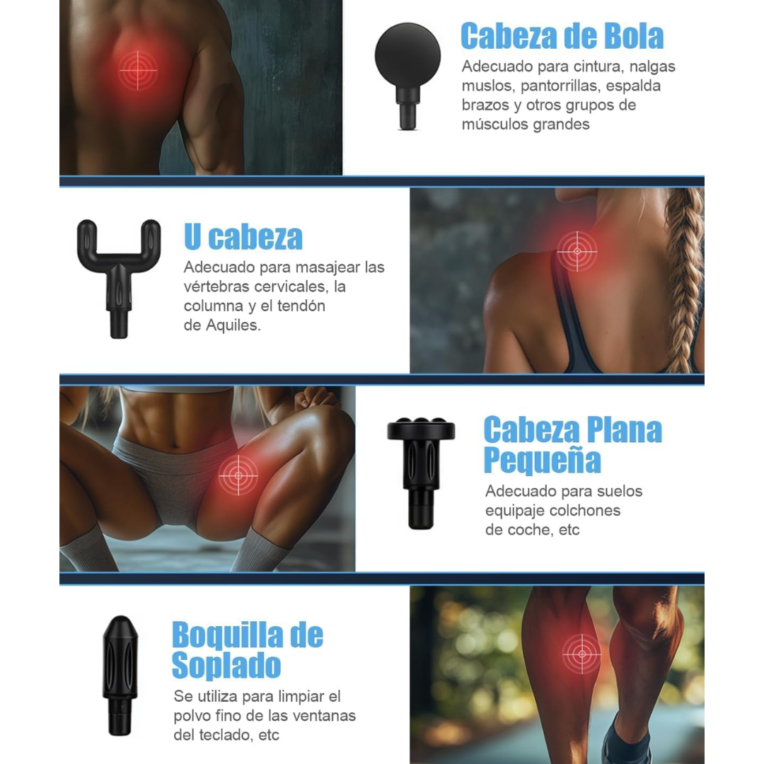 Pistola de Masaje Muscular 4 Cabezas Intercambiables – 6 Velocidades