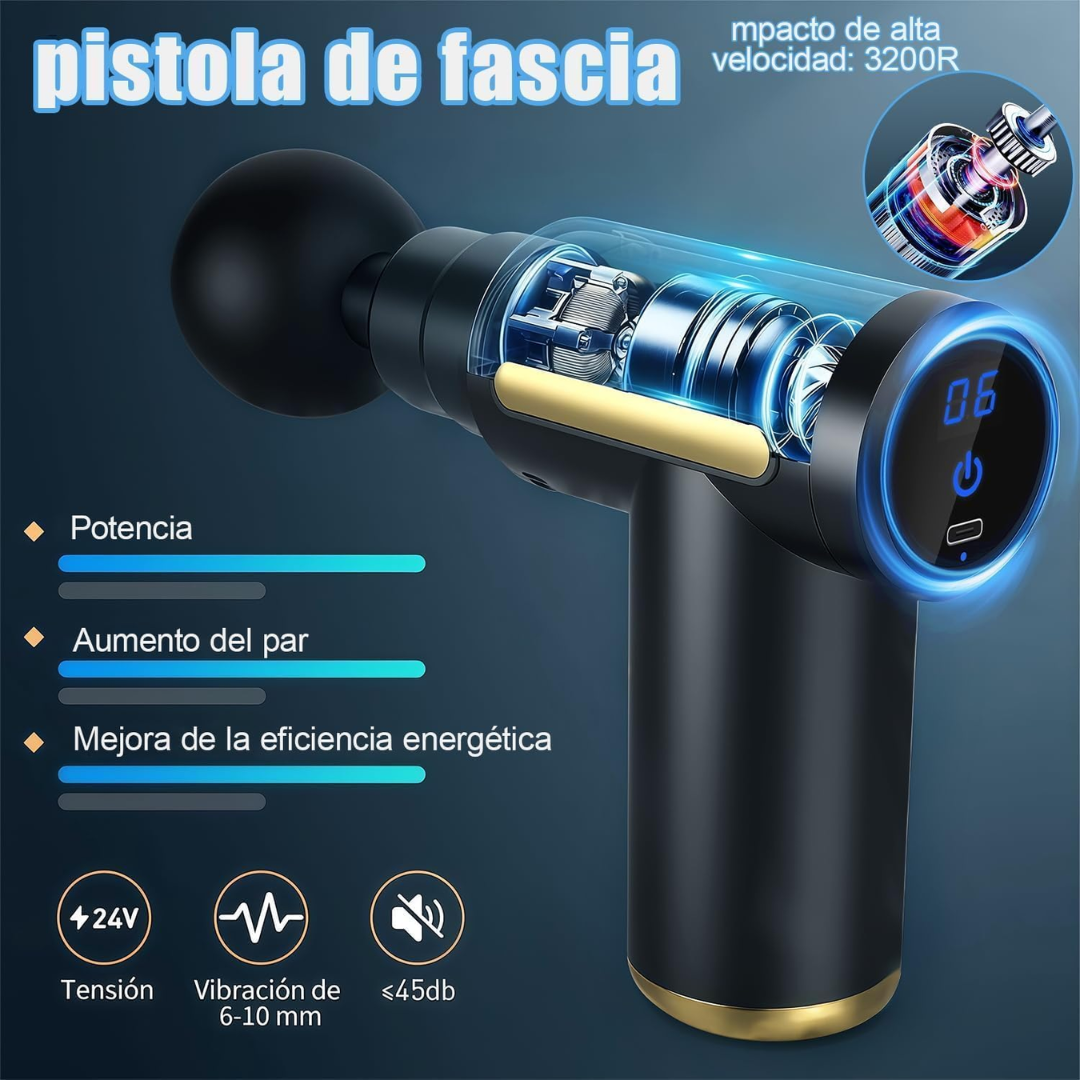 Pistola de Masaje Muscular 4 Cabezas Intercambiables – 6 Velocidades
